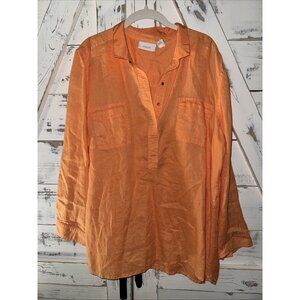 Chico's 100% Linen Tunic Blouse Collared Apricot Orange Long Sleeve Button L 3
